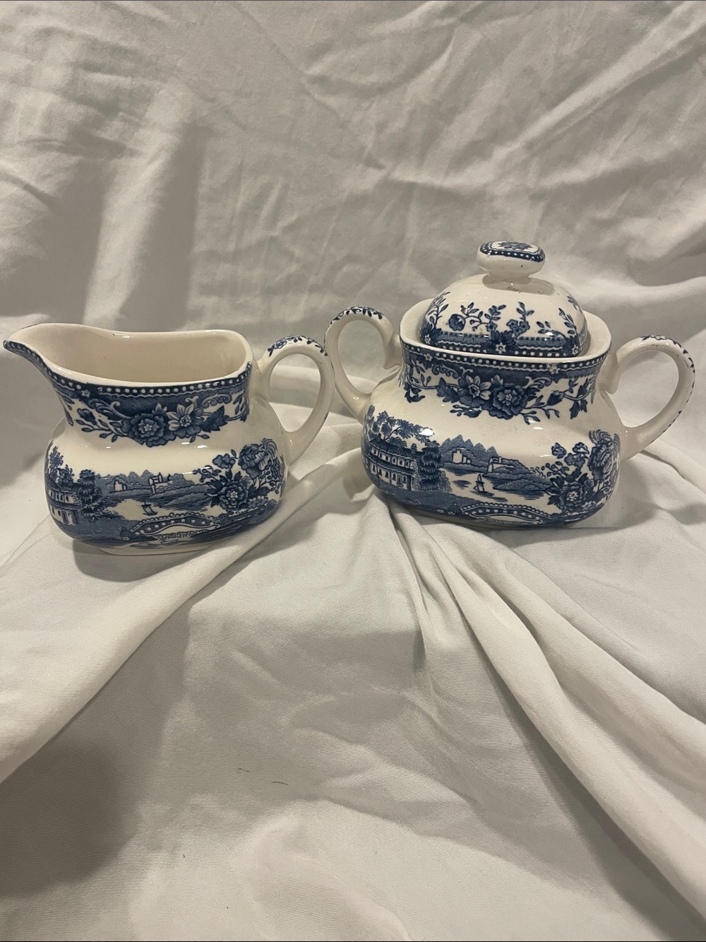 Blue and White Transferware Tonquin Creamer and Sugar Set